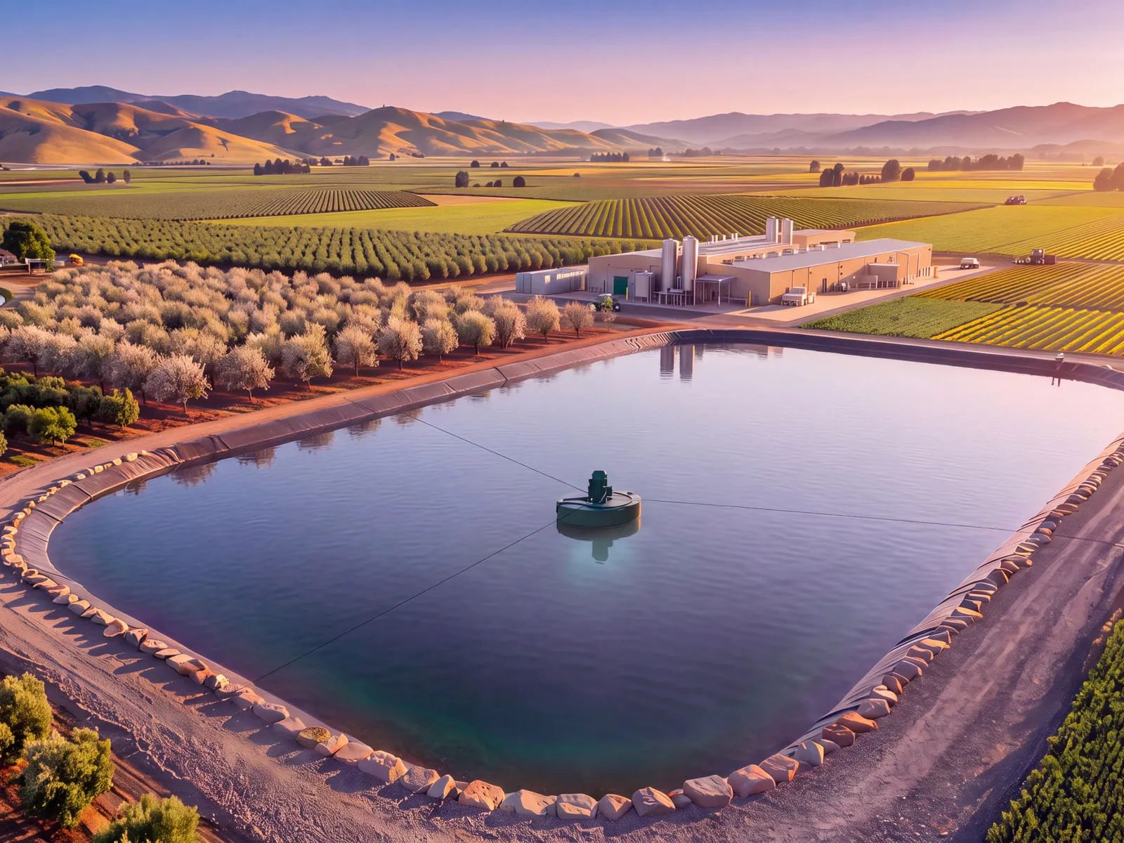 Illustration of an Axbold Guardian on the lined wastewater pond of a California food-processing plant, with orchards and vineyards beyond